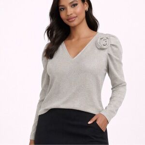 ALEX & PARKER SILVER METALLIC V NECK TOP BLOUSE FLOWER ACCENT WOMEN’S SMALL NEW